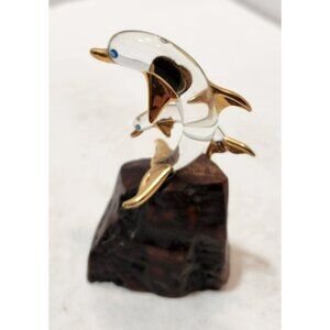 Vintage Glass Barron 22 KT Gold Dolphins on Wood Base 3.5" Tall by 3" Wide